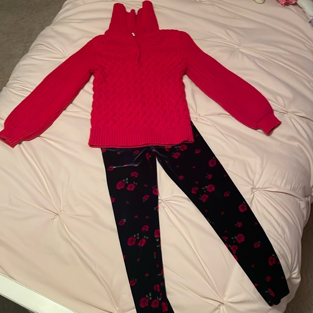 Janie and Jack red turtleneck button neck sweater and velour floral leggings